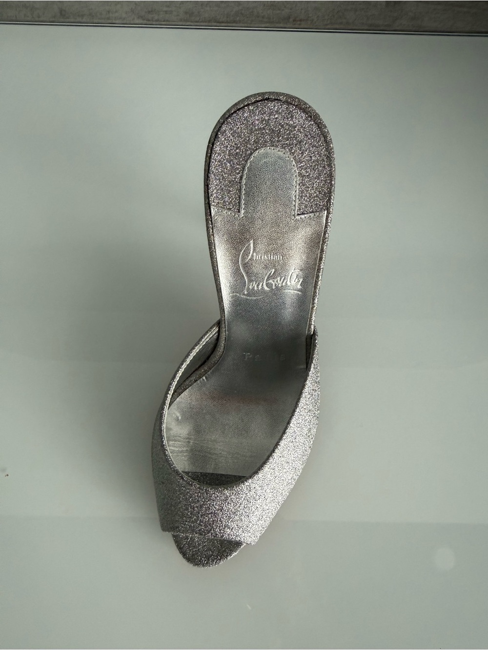 Christian Louboutin Silver Glitter Peep-Toe Mules with Red Soles - Picture 6 of 11